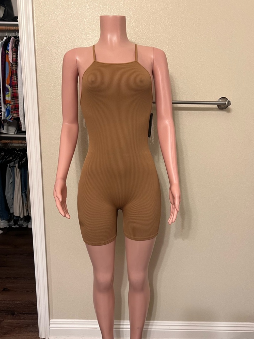 Ribbed Spaghetti-Strap Romper in Camel. Size S. NWT